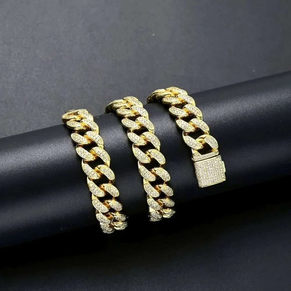 Men's Hip Hop 12mm Golden Cuban Link Chain Necklace with cubic zirconia Stones